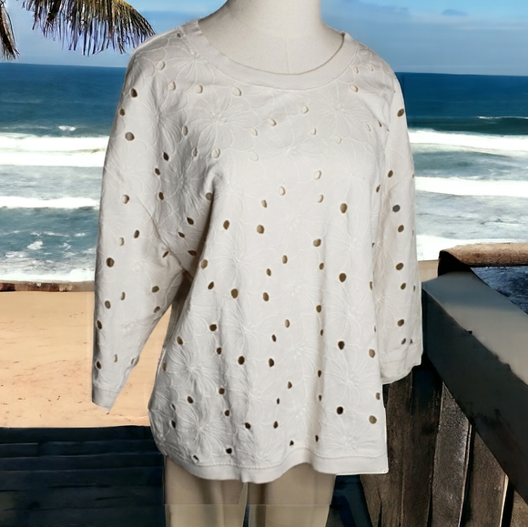 Loft Floral Eyelet  Pullover Sweatshirt Style Casual Beachy CoastalTop Sz L ♡ - Picture 1 of 12